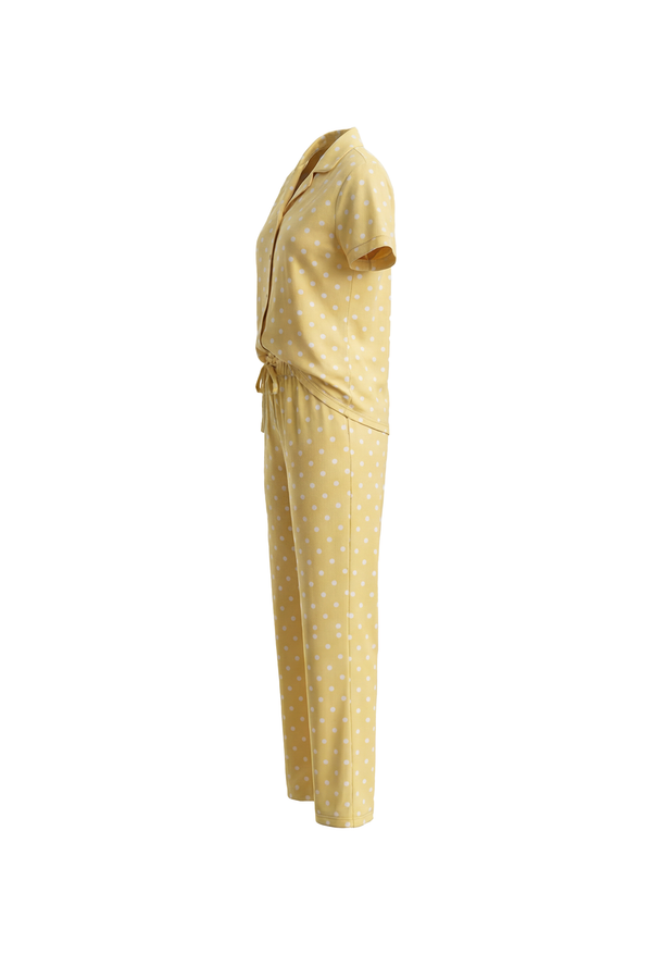 Women Lapel Cotton Pajama Set with Pants – Yellow Flowers