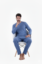 Load image into Gallery viewer, Men Long Sleeve Pajamas with PANTS Green blue chevron