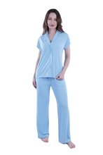 Load image into Gallery viewer, Women Short Sleeve Label Pajama with Pants - Cabana Blue