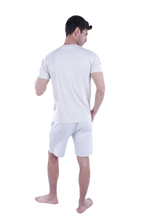Load image into Gallery viewer, Men Short Sleeve Pajama with Shorts - Grey Yellow Stripes